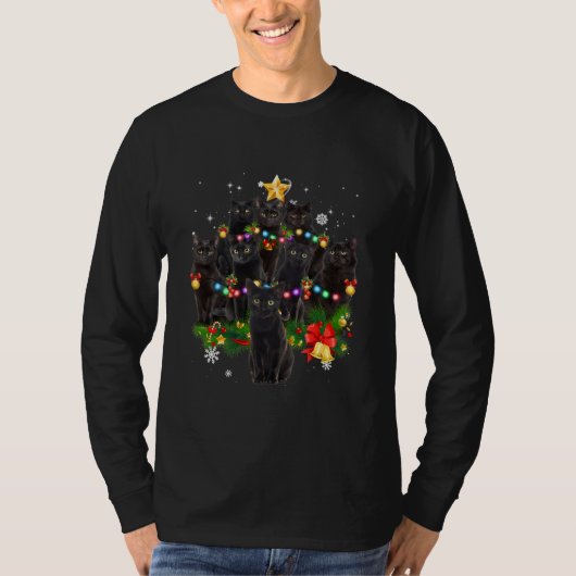 Black Cat Christmas Tree Lights Cats Lover T-Shirt (Vorderseite)