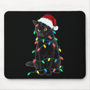 Black Cat Christmas Tree Lights Fun Santa Kitten L Mousepad
