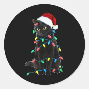 Black Cat Christmas Tree Lights Fun Santa Kitten L Runder Aufkleber