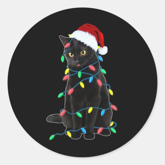 Black Cat Christmas Tree Lights Fun Santa Kitten L Runder Aufkleber (Vorderseite)