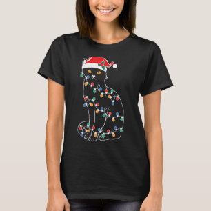 Black Cat Christmas Tree Lights Santa Kitten Led T-Shirt
