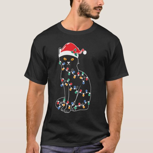 Black Cat Christmas Tree Lights Santa Kitten Led T-Shirt (Vorderseite)