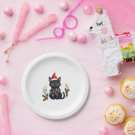 Black Cat Christmas Weihnachtsmannmütze Funny Meow Pappteller (Party)