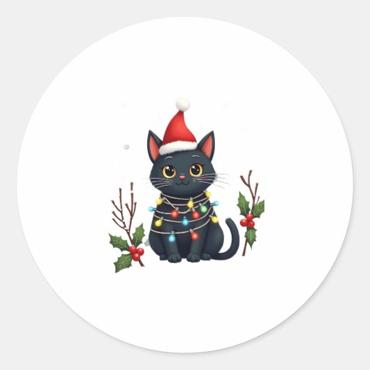 Black Cat Christmas Weihnachtsmannmütze Funny Meow Runder Aufkleber (Vorderseite)