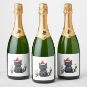 Black Cat Christmas Weihnachtsmannmütze Funny Meow Schaumweinetikett (Flaschen)