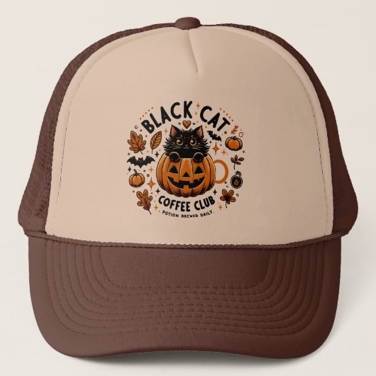 Black Cat Coffee Club Halloween Trucker Hat Truckerkappe (Vorderseite)
