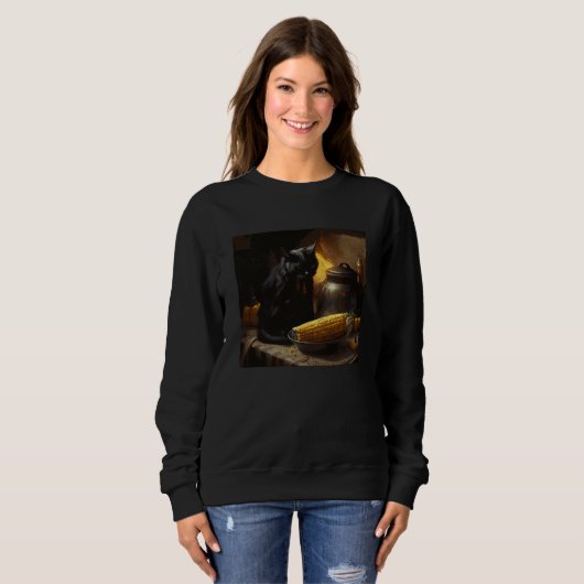 Black Cat Cooking Corn On The Cob Sweatshirt (Vorne ganz)