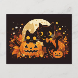 Black Cat Couple mit Pumpkins und Mond Feiertagspostkarte