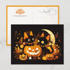 Black Cat Couple mit Pumpkins und Mond Postkarte