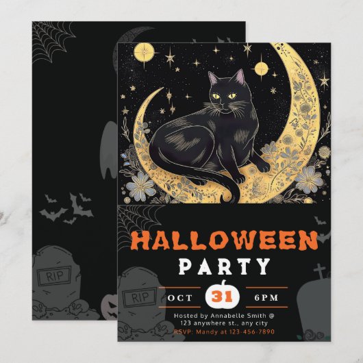 Black Cat Crescent Moon Floral Black Halloween Einladung (Vorne/Hinten)