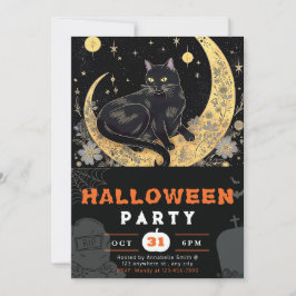Black Cat Crescent Moon Floral Black Halloween Einladung