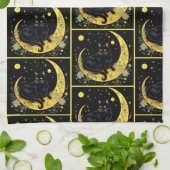 Black Cat Crescent Moon Floral Gold Halloween Geschirrtuch (Gefaltet)