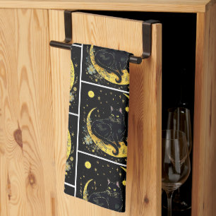 Black Cat Crescent Moon Floral White Halloween Geschirrtuch