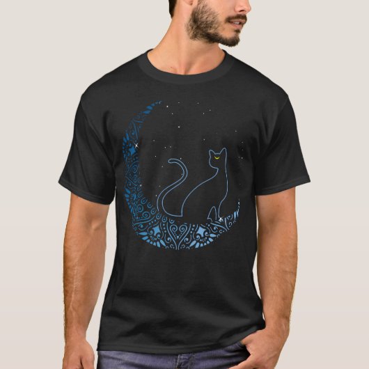 Black Cat Crescent Moon Geschenkidee für Katze F T-Shirt (Vorderseite)