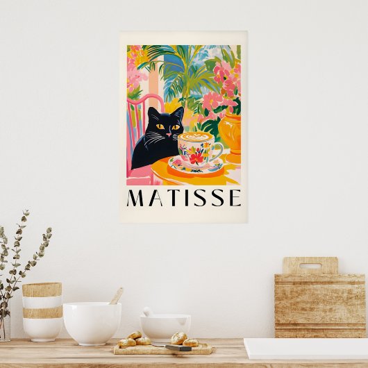 Black Cat Drinking Coffee Funny Matisse Style Poster (Küche)