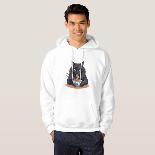 Black Cat Eating Noodles – Cute Funny Ramen Cat Hoodie (Vorne ganz)