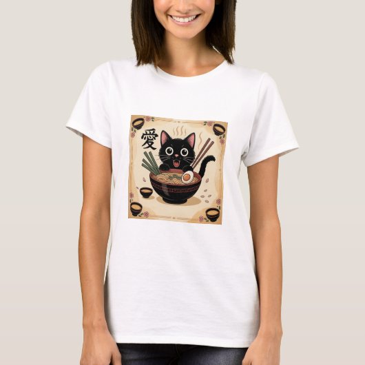 Black Cat Eating Ramen, Cute Kawaii Noodle Bowl T-Shirt (Vorderseite)