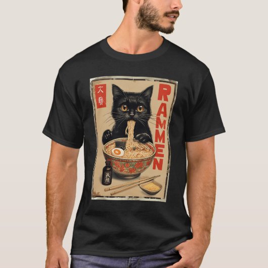 Black Cat Eating Ramen Japanisch Nudeln Lebensmitt T-Shirt (Vorderseite)