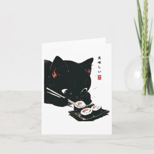 Black Cat Eating Sushi - Katze Japanisch Kunst Karte