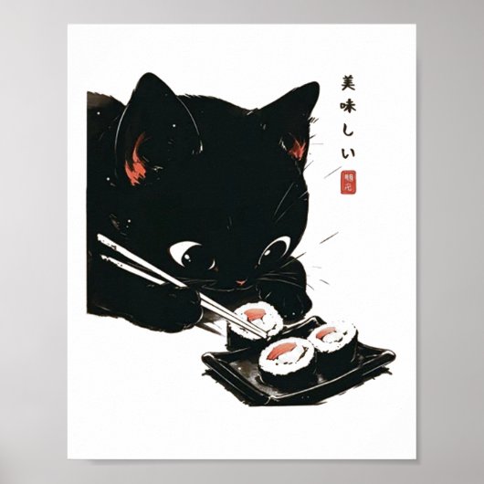 Black Cat Eating Sushi - Katze Japanisch Kunst Poster (Vorne)
