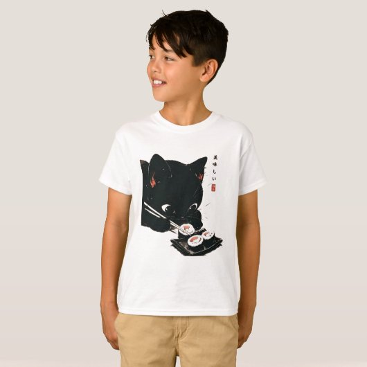 Black Cat Eating Sushi - Katze Japanisch Kunst T-Shirt (Vorne ganz)