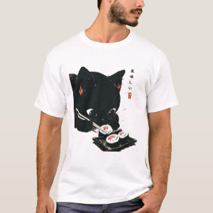 Black Cat Eating Sushi - Katze Japanisch Kunst T-Shirt