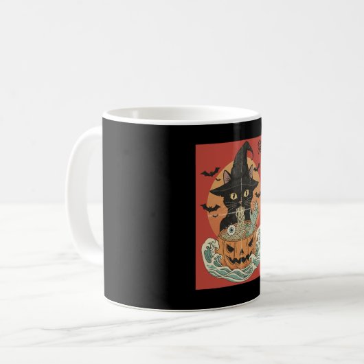 Black cat eats Japanese ramen for Halloween Kaffeetasse (Vorderseite Links)