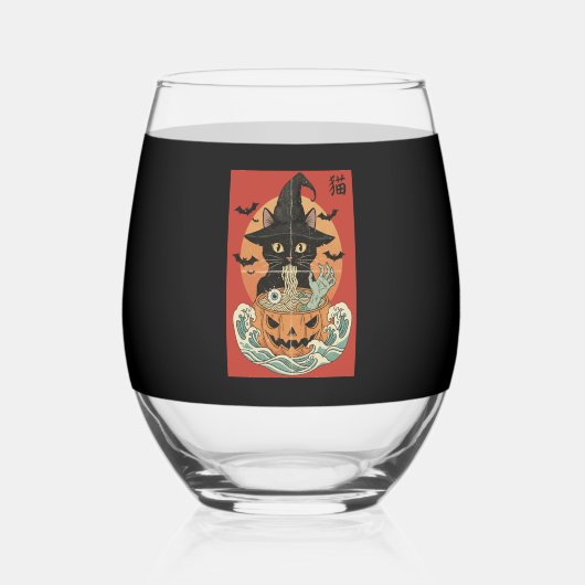 Black cat eats Japanese ramen for Halloween Weinglas Ohne Stiel (Vorderseite)