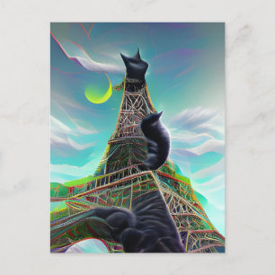 Black Cat Eiffel Tower Surreal Twilight Paris Moon Postkarte