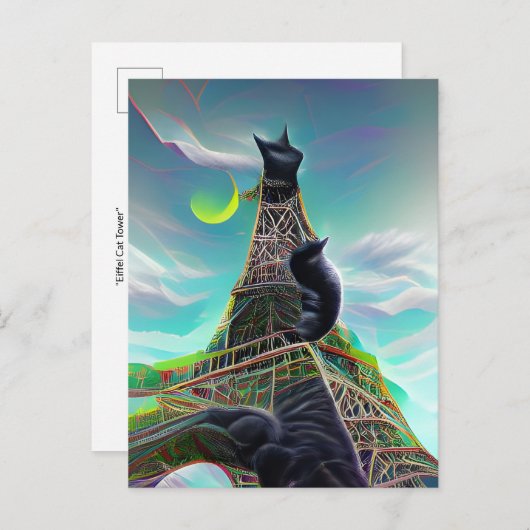 Black Cat Eiffel Tower Surreal Twilight Paris Moon Postkarte (Vorne/Hinten)
