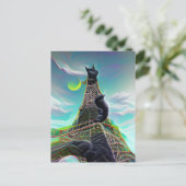 Black Cat Eiffel Tower Surreal Twilight Paris Moon Postkarte (Stehend Vorderseite)