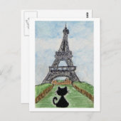 Black Cat Eiffel Tower Watercolor Postkarte (Vorne/Hinten)