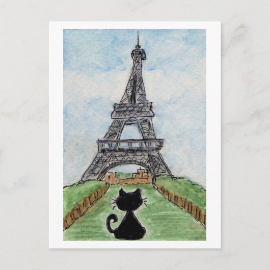 Black Cat Eiffel Tower Watercolor Postkarte (Vorderseite)