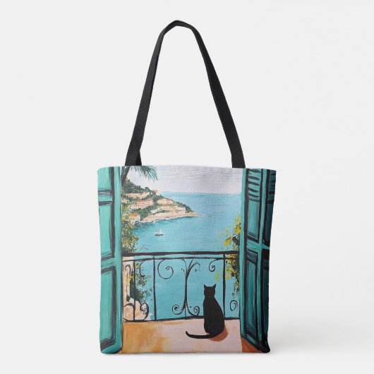 Black Cat Enjoying the Beautiful Sea Tasche (Rückseite)