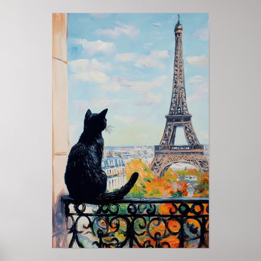 Black cat enjoying the view of the Eiffel Tower Poster (Vorne)