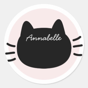 Black Cat Face Pink Name Runder Aufkleber
