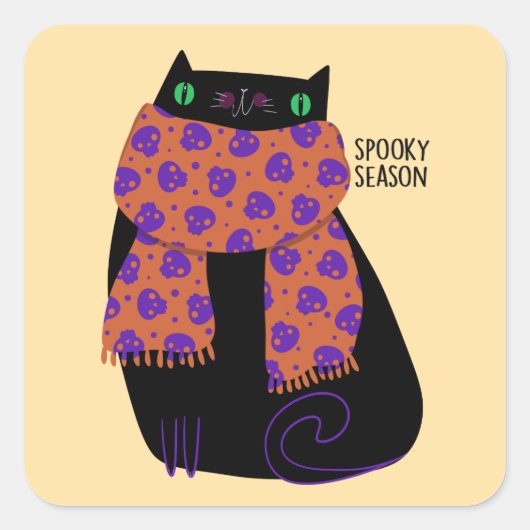 Black Cat Fall Saison Halloween Spooky Niedlich Quadratischer Aufkleber (Vorderseite)