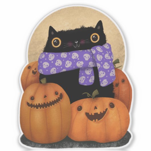 Black Cat Fall Saison Happy Halloween Aufkleber (Vorderseite)