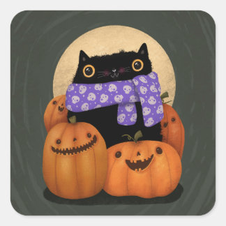 Black Cat Fall Saison Happy Halloween Quadratischer Aufkleber