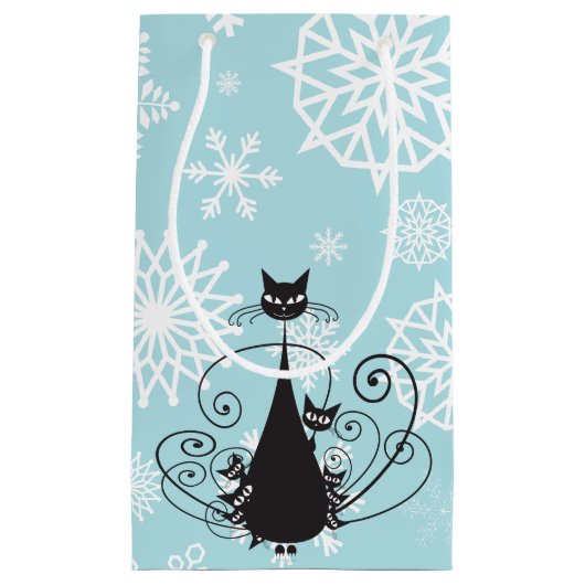 Black Cat Family Weiße Schneeflocken auf Blue Gift Kleine Geschenktüte (Vorderseite)