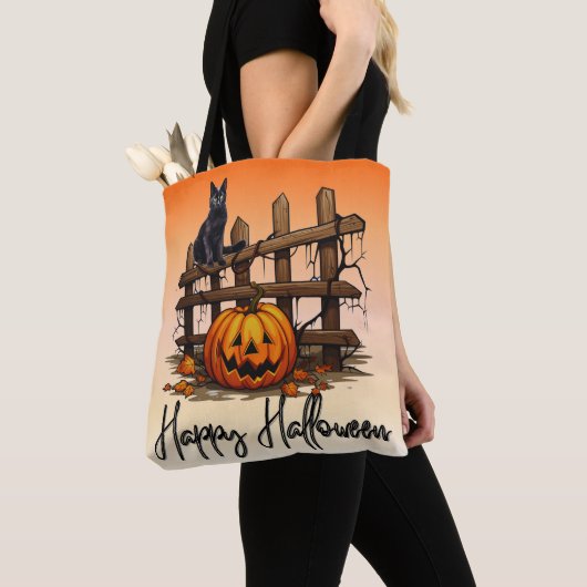 Black Cat Fence Jack O' Lantern Orange Halloween Tasche (Von Nahem)