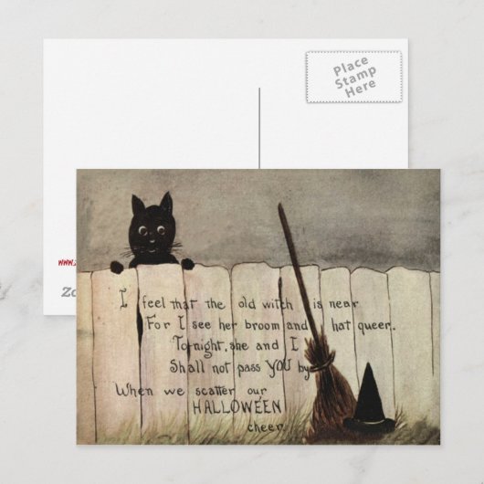 Black Cat Fence Witch's Broom Hat Postkarte (Vorne/Hinten)