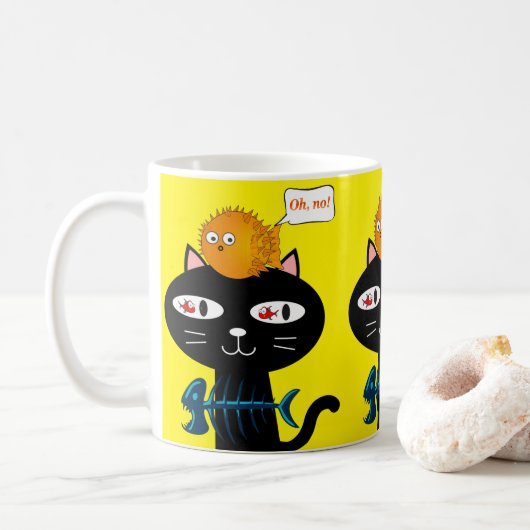 Black Cat Fishbones Gelbe Tasse (Mit Donut)