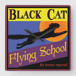 Black Cat Flying School Halloween-Uhr Quadratische Wanduhr