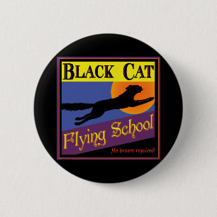 Black Cat Flying School Vintage Halloween Kunst Button