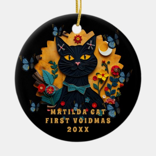 Black Cat Folk Art First Voidmas Ceramic Ornament (Vorne)