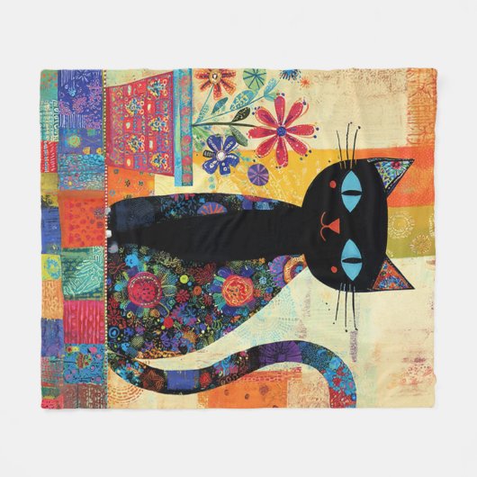 Black Cat Folk Art Fleecedecke (Vorderseite (Horizontal))