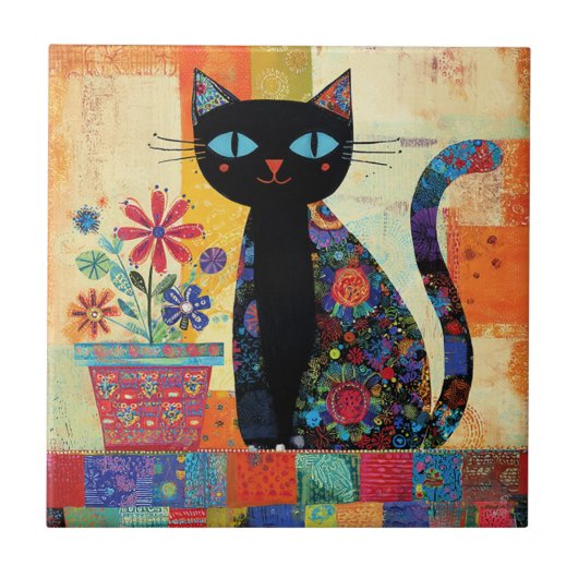 Black Cat Folk Art Fliese (Vorderseite)