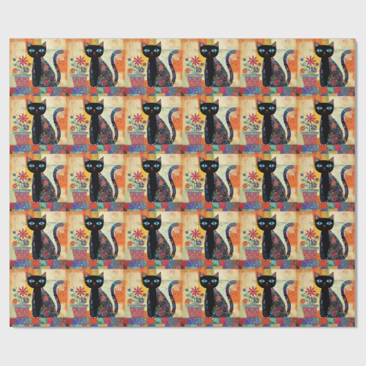 Black Cat Folk Art Geschenkpapier (Flach)