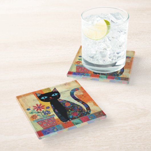 Black Cat Folk Art Glasuntersetzer (Schrägansicht)